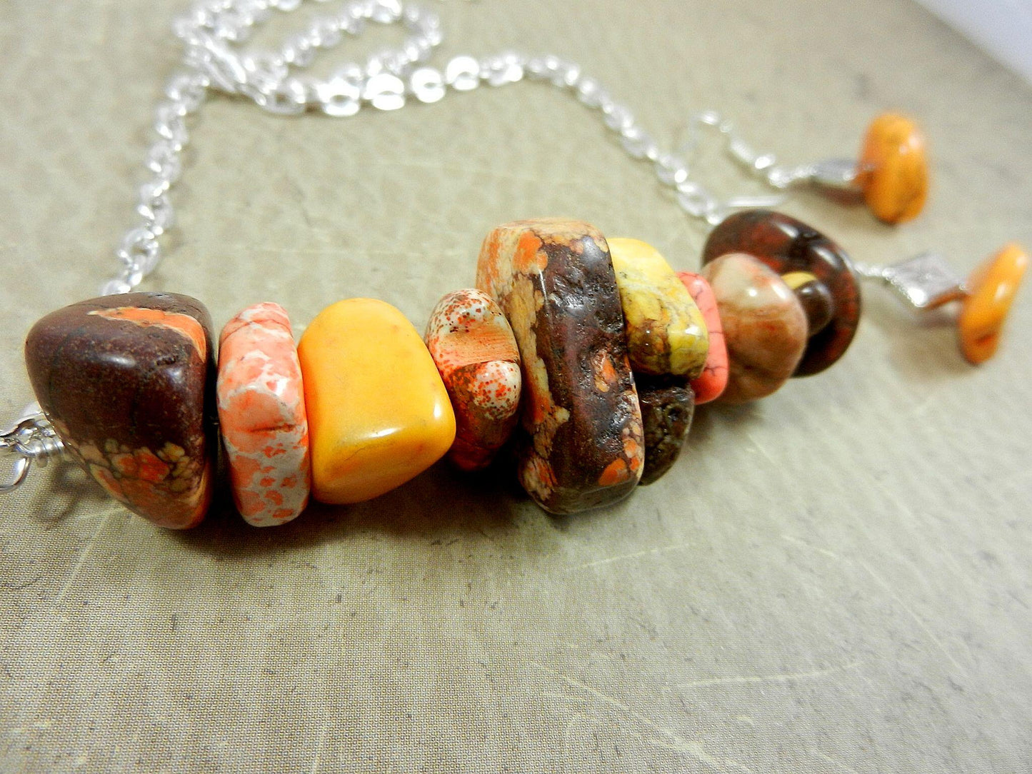 Wire Wrapped Yellow Orange Brown Cream and Gold Turquoise Necklace and Matching Earrings