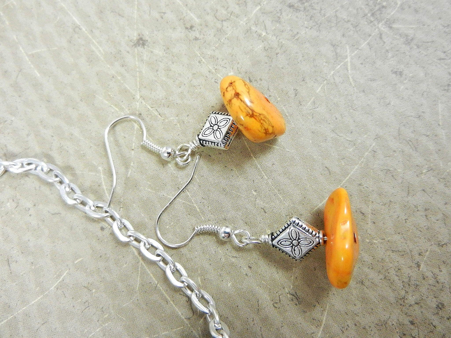Wire Wrapped Yellow Orange Brown Cream and Gold Turquoise Necklace and Matching Earrings