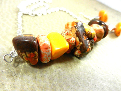 Wire Wrapped Yellow Orange Brown Cream and Gold Turquoise Necklace and Matching Earrings