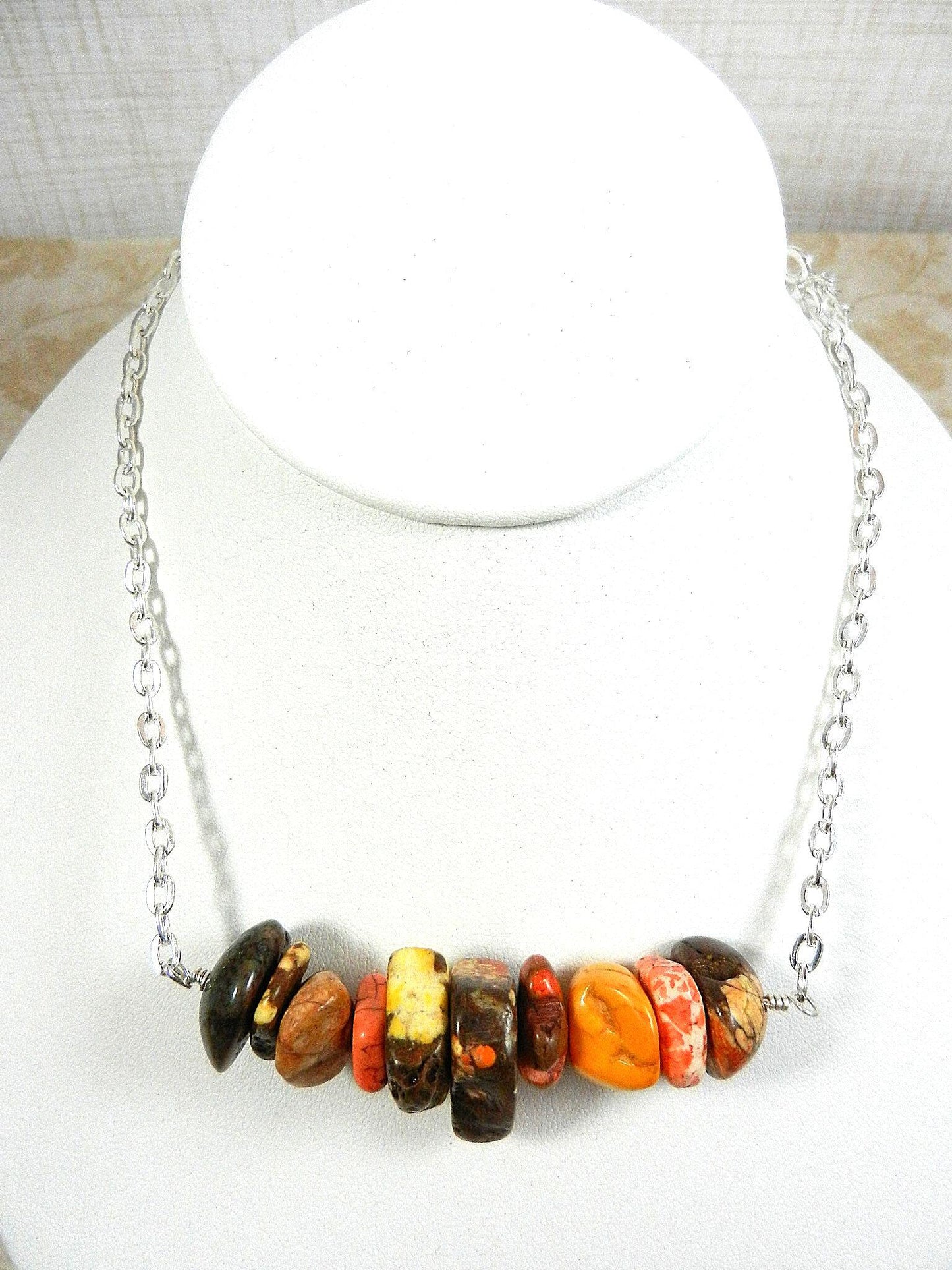 Wire Wrapped Yellow Orange Brown Cream and Gold Turquoise Necklace and Matching Earrings