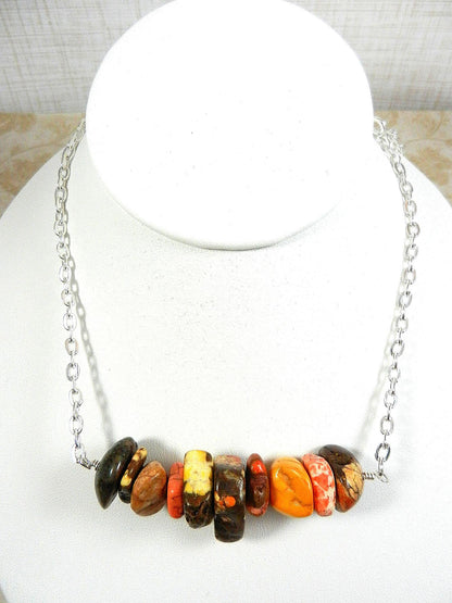 Wire Wrapped Yellow Orange Brown Cream and Gold Turquoise Necklace and Matching Earrings
