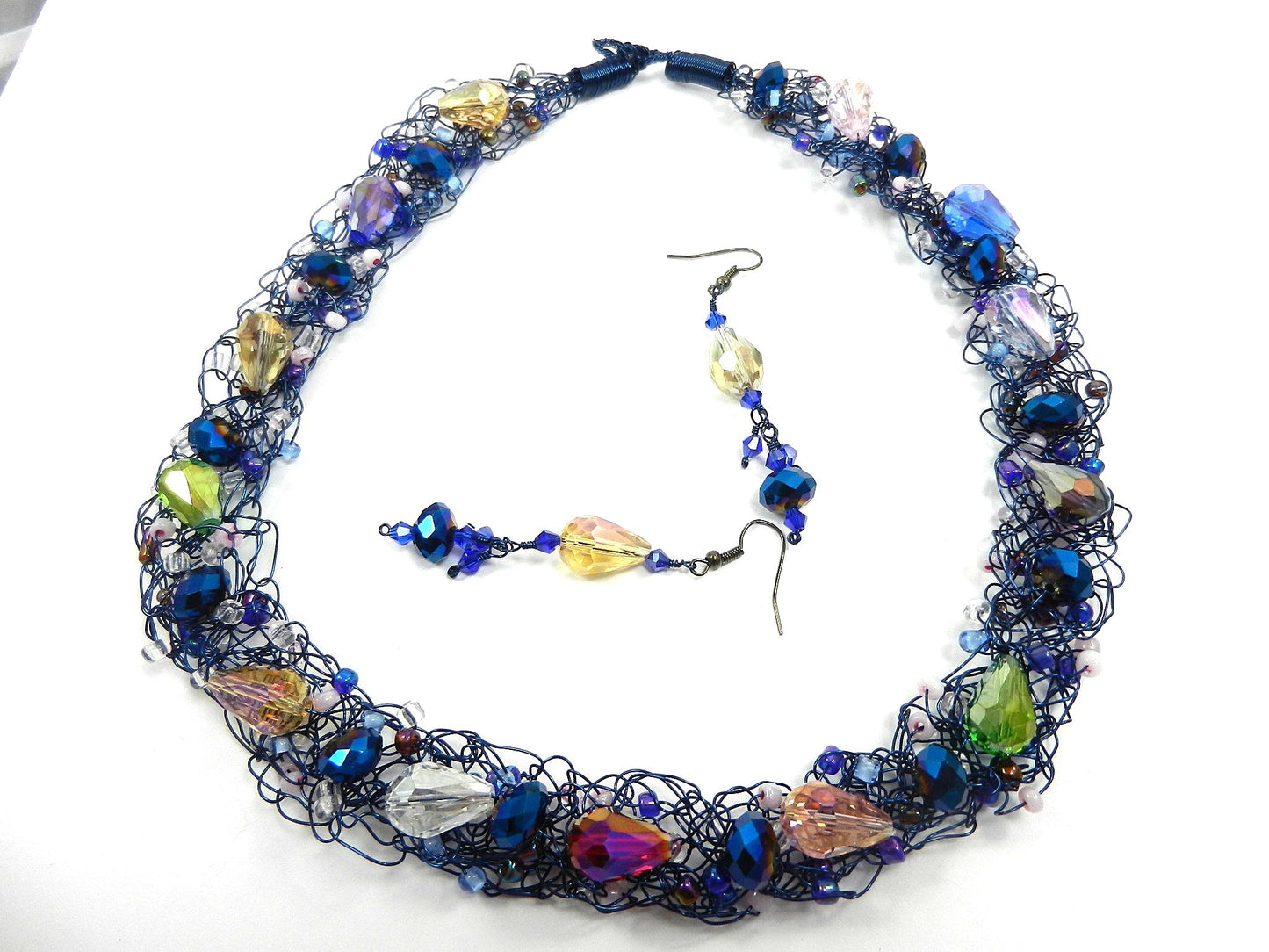 Blue Wire Hand Crocheted Necklace with Crystals and Matching Earrings
