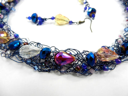 Blue Wire Hand Crocheted Necklace with Crystals and Matching Earrings