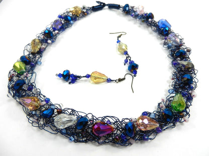Blue Wire Hand Crocheted Necklace with Crystals and Matching Earrings