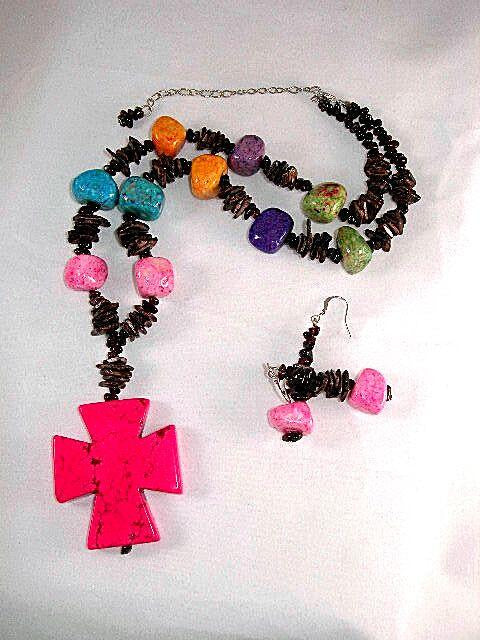 Pink Turquoise Cross and Fossil Rock Necklace with Matching Earrings