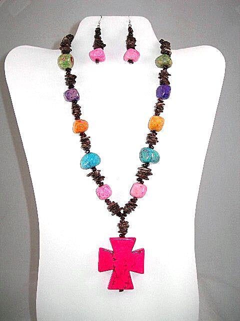 Pink Turquoise Cross and Fossil Rock Necklace with Matching Earrings