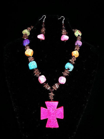 Pink Turquoise Cross and Fossil Rock Necklace with Matching Earrings