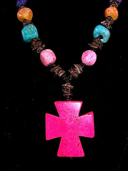 Pink Turquoise Cross and Fossil Rock Necklace with Matching Earrings
