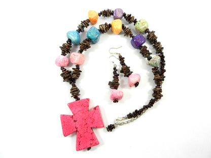 Pink Turquoise Cross and Fossil Rock Necklace with Matching Earrings