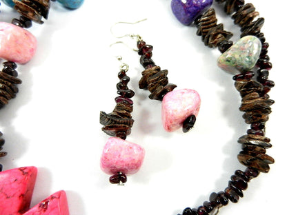 Pink Turquoise Cross and Fossil Rock Necklace with Matching Earrings