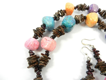 Pink Turquoise Cross and Fossil Rock Necklace with Matching Earrings