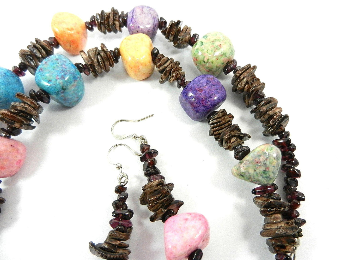 Pink Turquoise Cross and Fossil Rock Necklace with Matching Earrings