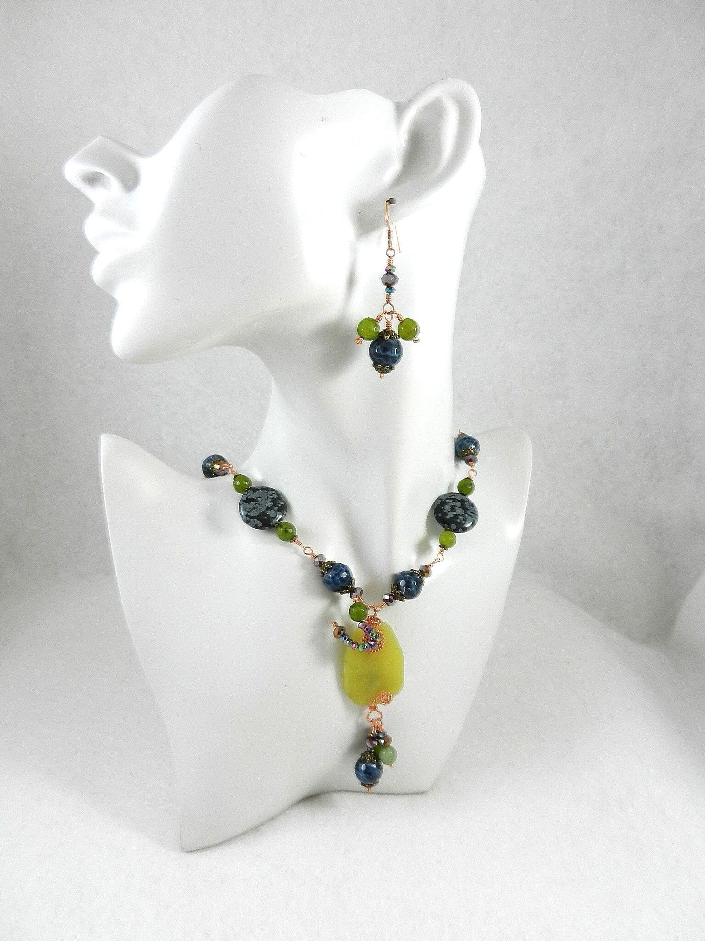 Green Jade with Blue Fire Agate and Spotted Jasper Necklace and Earrings