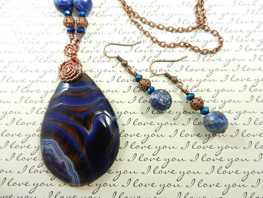 Blue and Brown Agate Tear Drop Gemstone Pendant Necklace Wire Wrapped with Copper Wire with Sodalite Gemstone Earrings