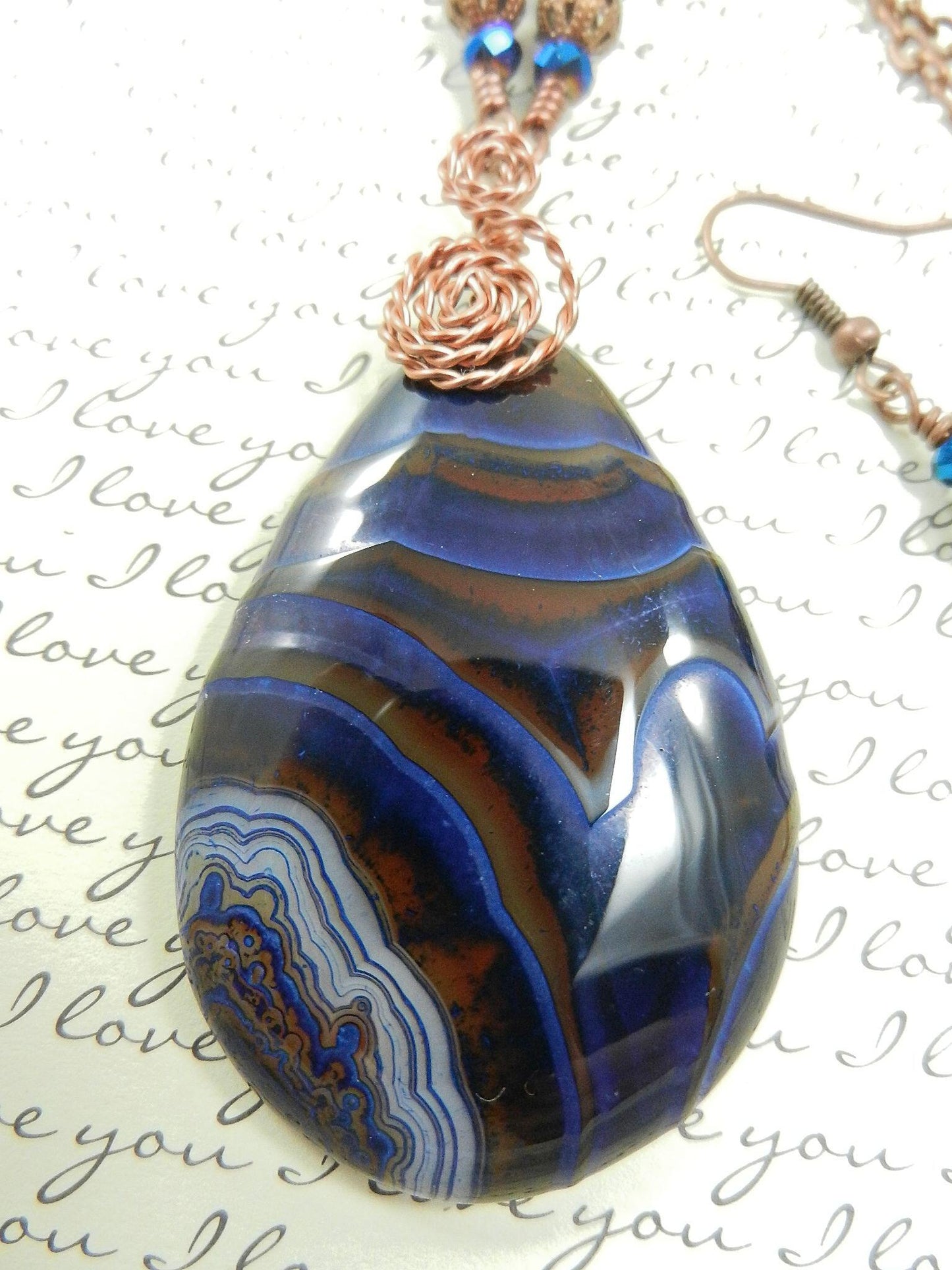 Blue and Brown Agate Tear Drop Gemstone Pendant Necklace Wire Wrapped with Copper Wire with Sodalite Gemstone Earrings