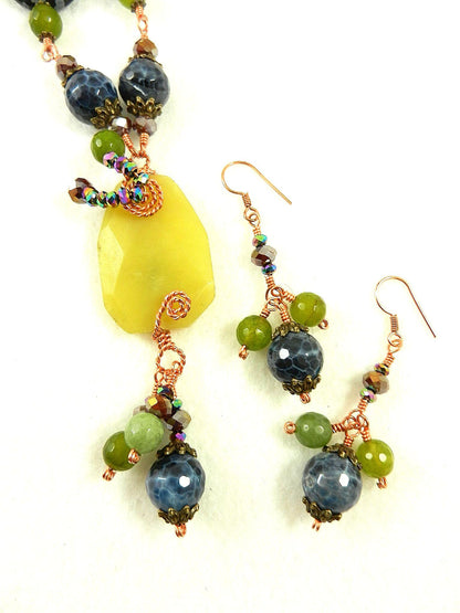 Green Jade with Blue Fire Agate and Spotted Jasper Necklace and Earrings