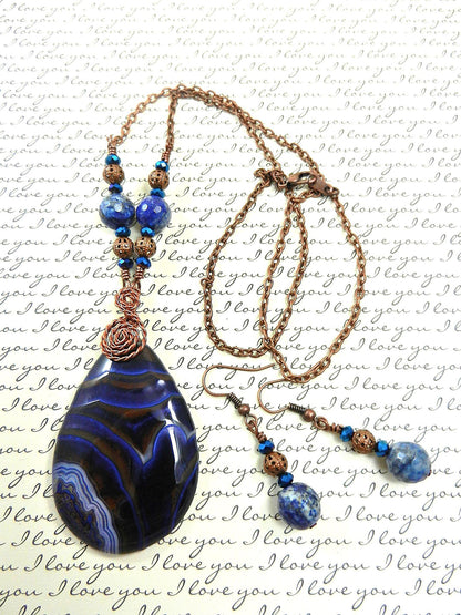 Blue and Brown Agate Tear Drop Gemstone Pendant Necklace Wire Wrapped with Copper Wire with Sodalite Gemstone Earrings