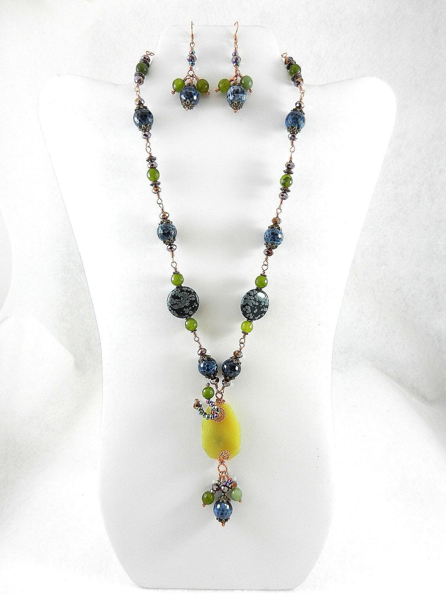 Green Jade with Blue Fire Agate and Spotted Jasper Necklace and Earrings