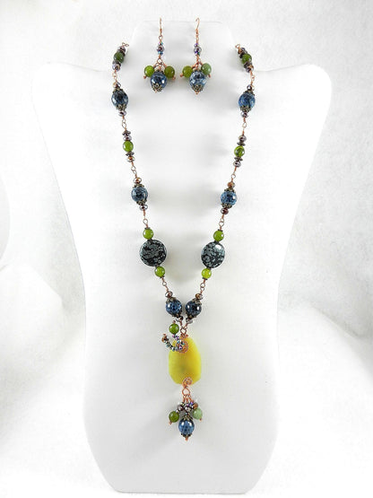 Green Jade with Blue Fire Agate and Spotted Jasper Necklace and Earrings