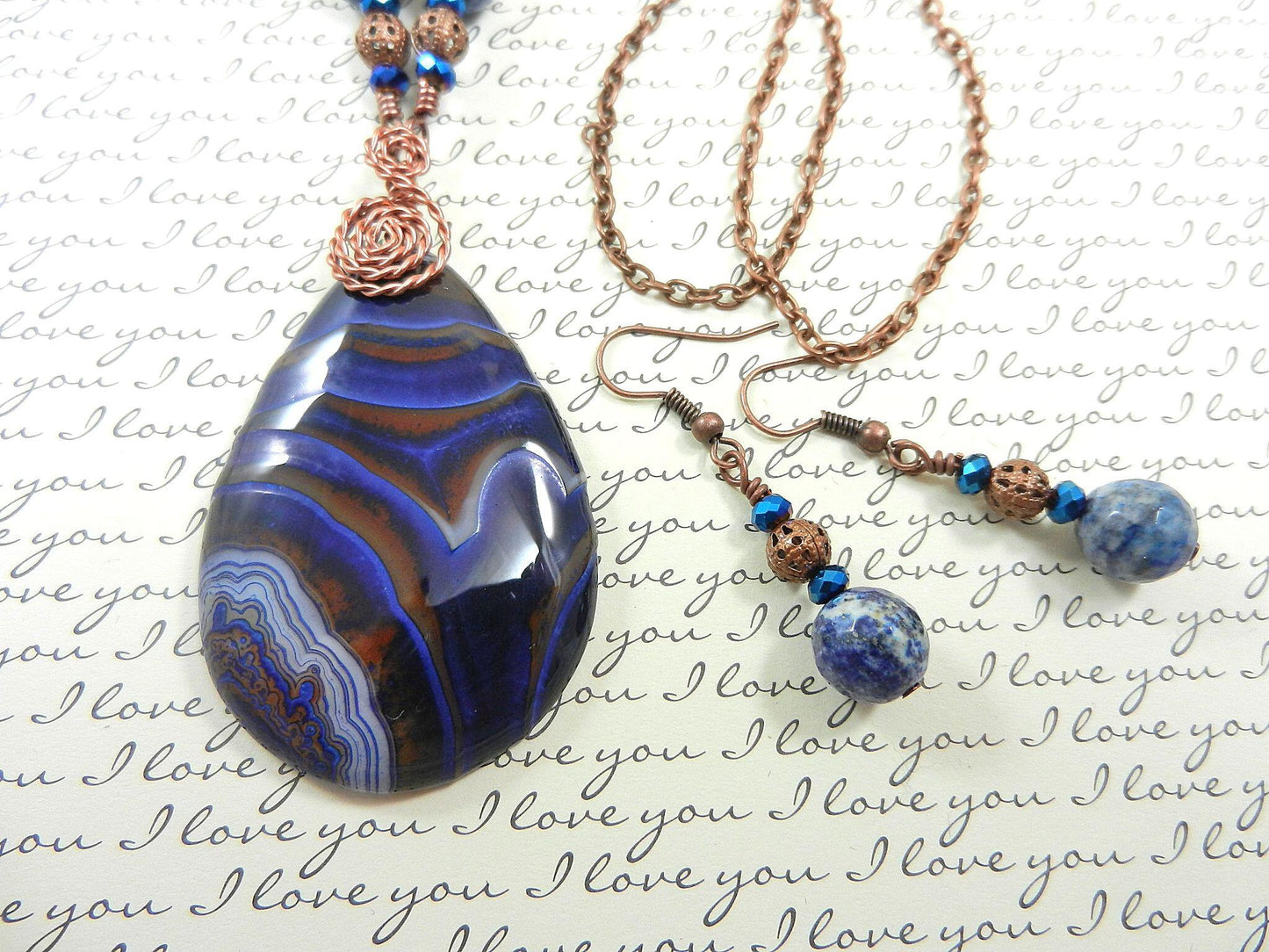 Blue and Brown Agate Tear Drop Gemstone Pendant Necklace Wire Wrapped with Copper Wire with Sodalite Gemstone Earrings