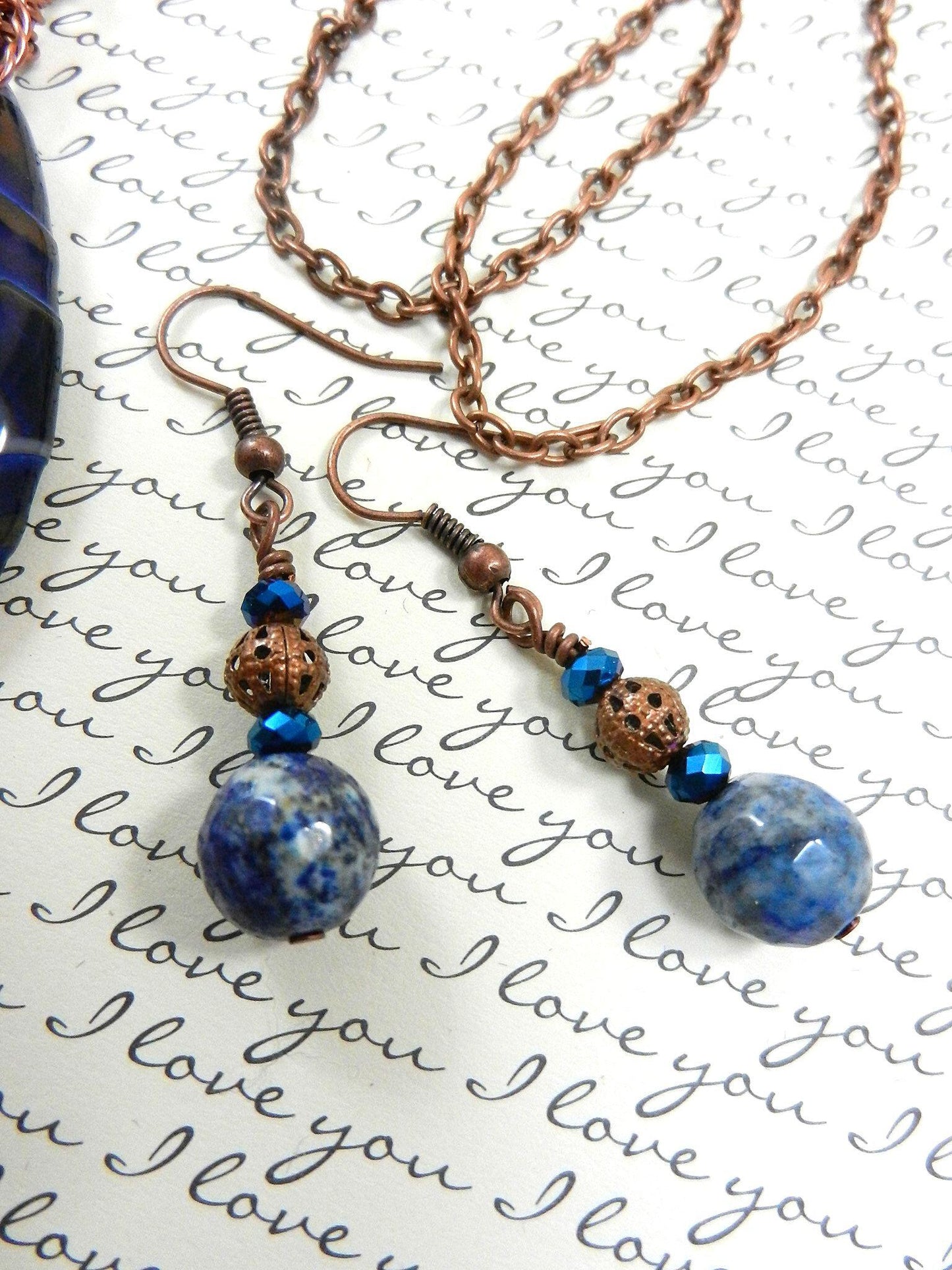 Blue and Brown Agate Tear Drop Gemstone Pendant Necklace Wire Wrapped with Copper Wire with Sodalite Gemstone Earrings