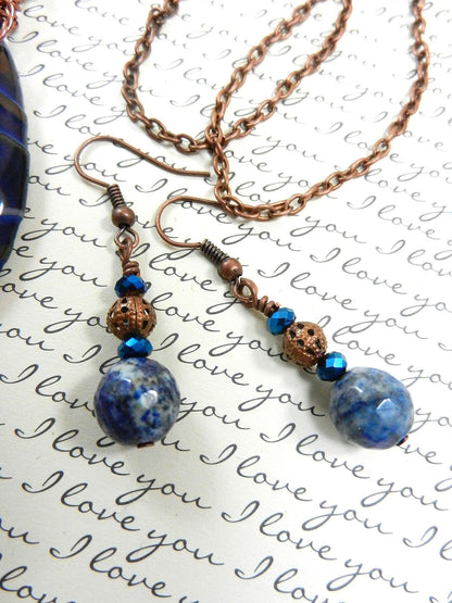 Blue and Brown Agate Tear Drop Gemstone Pendant Necklace Wire Wrapped with Copper Wire with Sodalite Gemstone Earrings