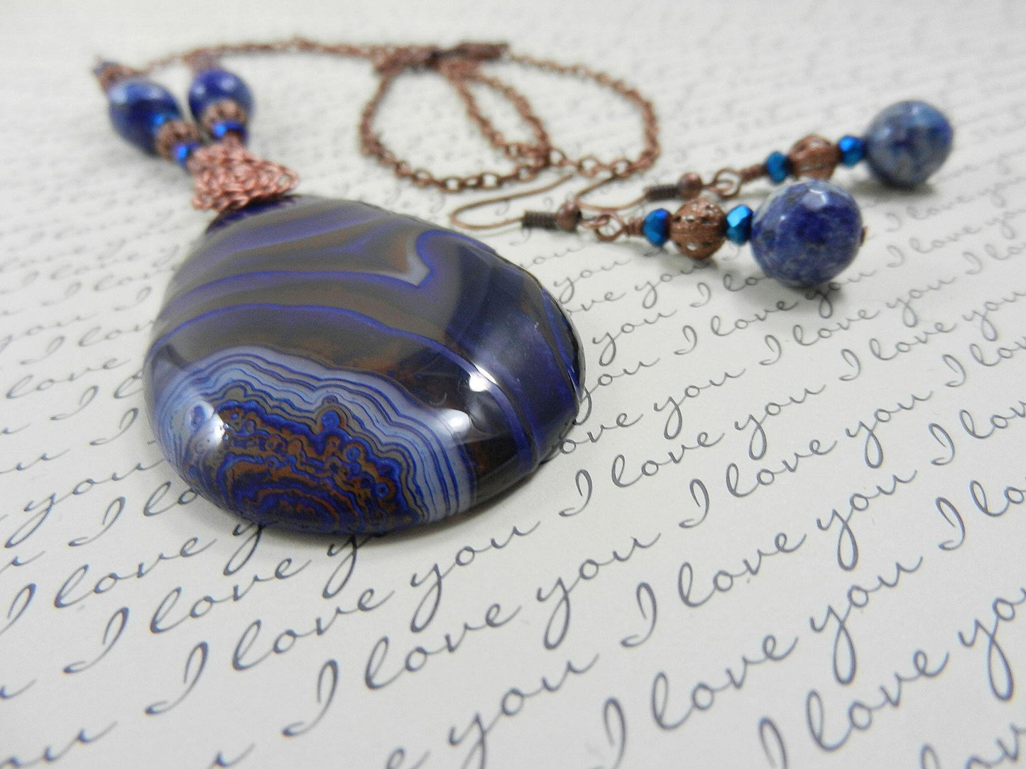 Blue and Brown Agate Tear Drop Gemstone Pendant Necklace Wire Wrapped with Copper Wire with Sodalite Gemstone Earrings