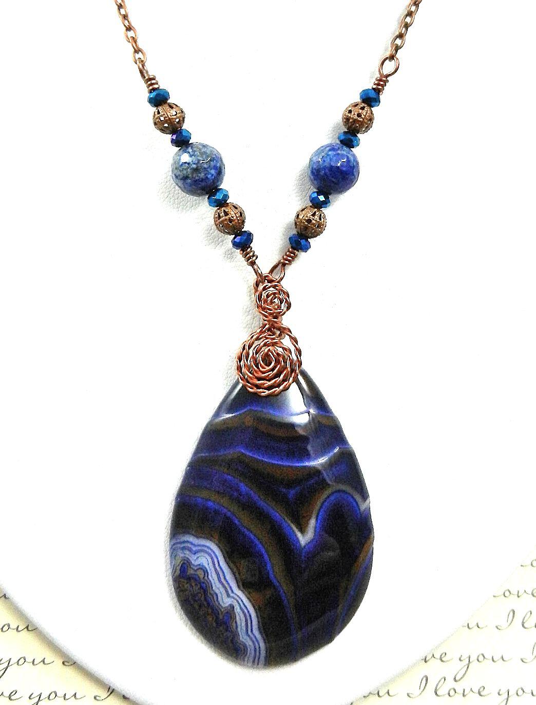 Blue and Brown Agate Tear Drop Gemstone Pendant Necklace Wire Wrapped with Copper Wire with Sodalite Gemstone Earrings