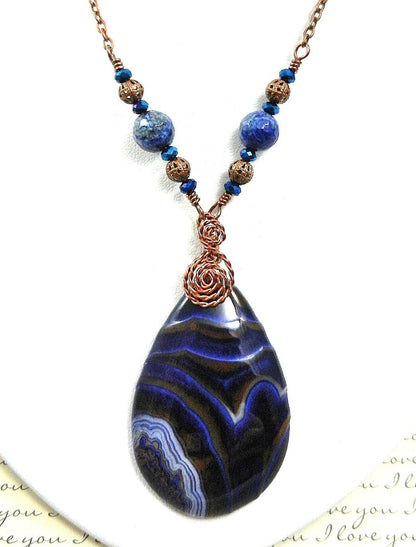 Blue and Brown Agate Tear Drop Gemstone Pendant Necklace Wire Wrapped with Copper Wire with Sodalite Gemstone Earrings