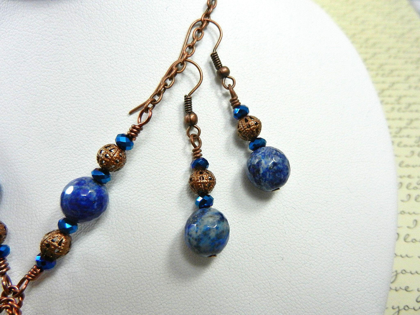 Blue and Brown Agate Tear Drop Gemstone Pendant Necklace Wire Wrapped with Copper Wire with Sodalite Gemstone Earrings