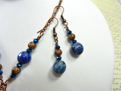 Blue and Brown Agate Tear Drop Gemstone Pendant Necklace Wire Wrapped with Copper Wire with Sodalite Gemstone Earrings