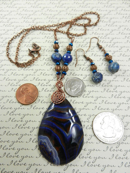 Blue and Brown Agate Tear Drop Gemstone Pendant Necklace Wire Wrapped with Copper Wire with Sodalite Gemstone Earrings