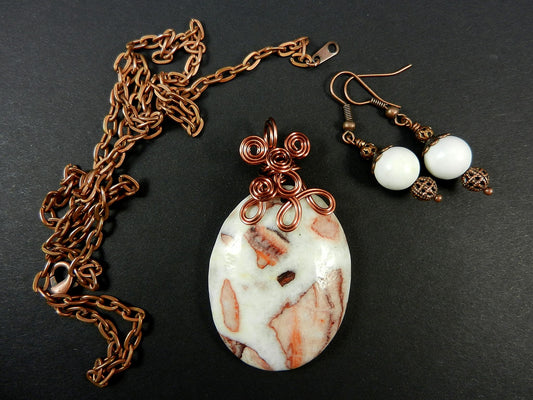 Jasper Gemstone Pendant Necklace Copper Wire Wrapped in the Colors of White Brown and Tan with Matching White Jasper Earrings
