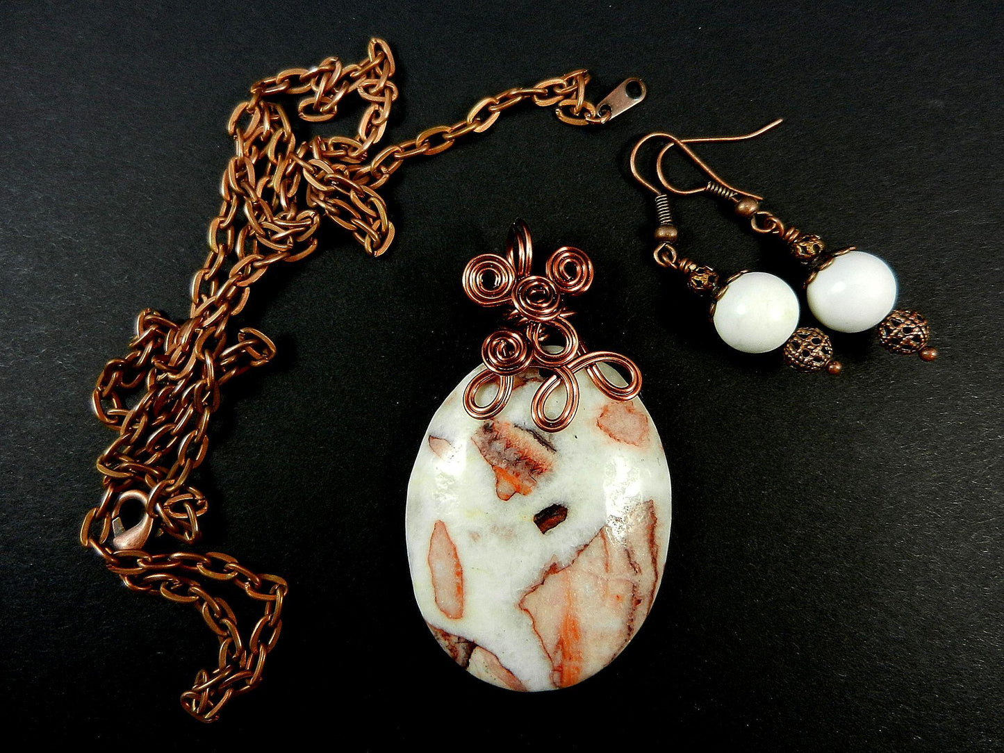 Jasper Gemstone Pendant Necklace Copper Wire Wrapped in the Colors of White Brown and Tan with Matching White Jasper Earrings