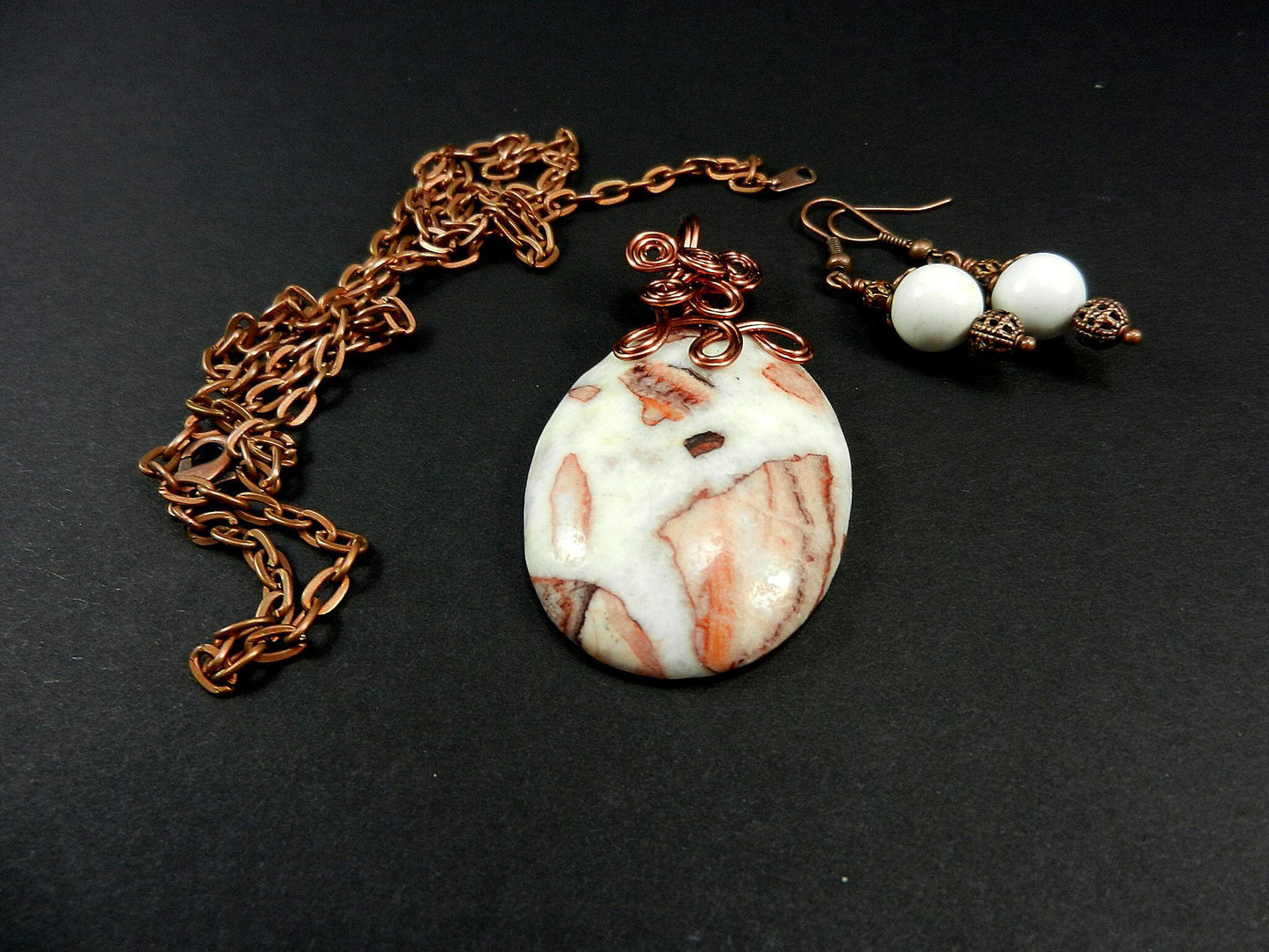 Jasper Gemstone Pendant Necklace Copper Wire Wrapped in the Colors of White Brown and Tan with Matching White Jasper Earrings