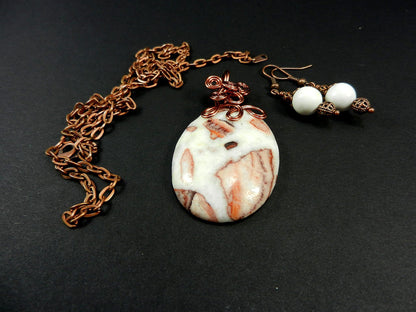 Jasper Gemstone Pendant Necklace Copper Wire Wrapped in the Colors of White Brown and Tan with Matching White Jasper Earrings