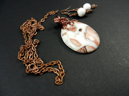 Jasper Gemstone Pendant Necklace Copper Wire Wrapped in the Colors of White Brown and Tan with Matching White Jasper Earrings