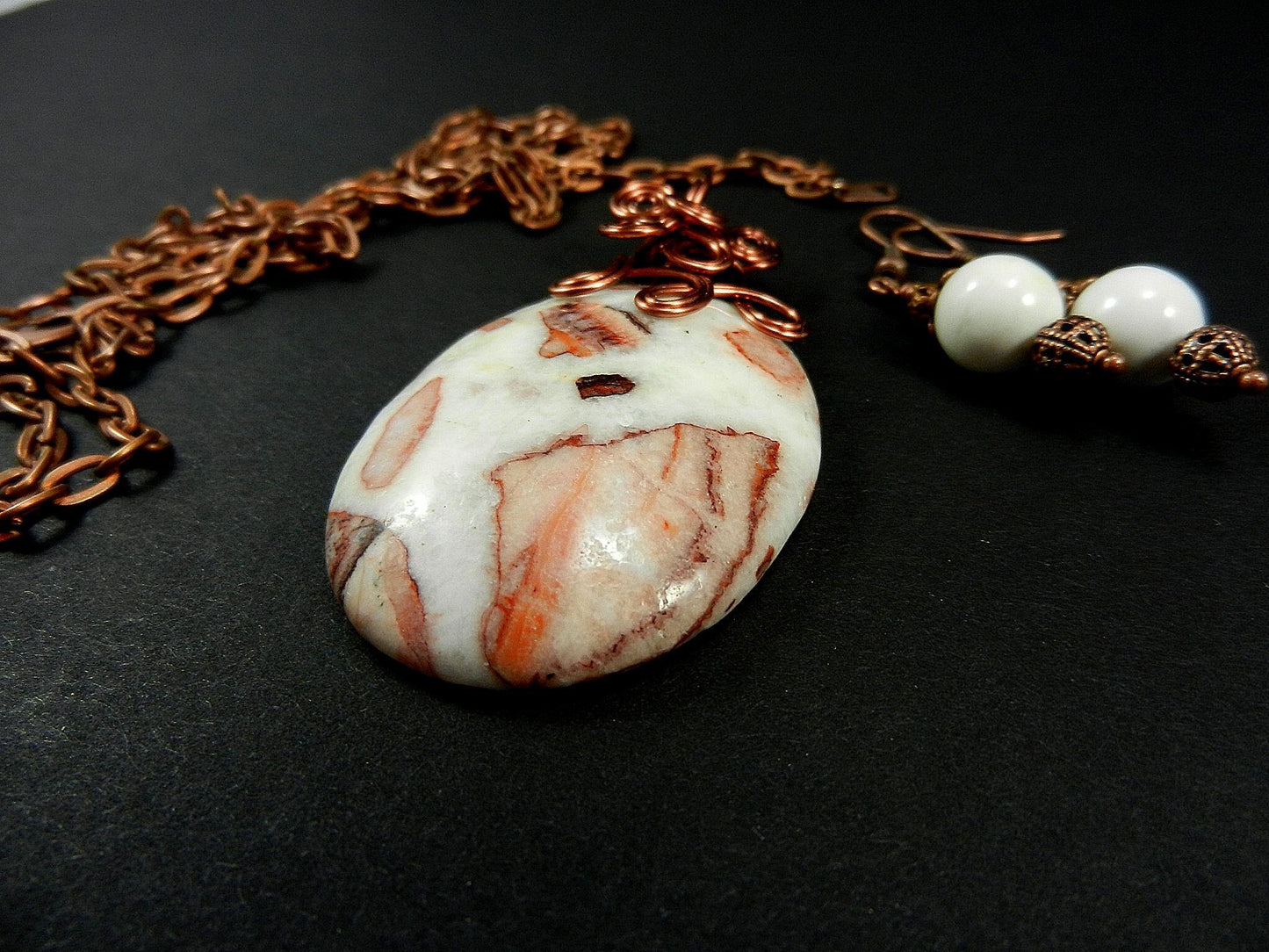 Jasper Gemstone Pendant Necklace Copper Wire Wrapped in the Colors of White Brown and Tan with Matching White Jasper Earrings