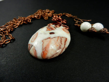 Jasper Gemstone Pendant Necklace Copper Wire Wrapped in the Colors of White Brown and Tan with Matching White Jasper Earrings
