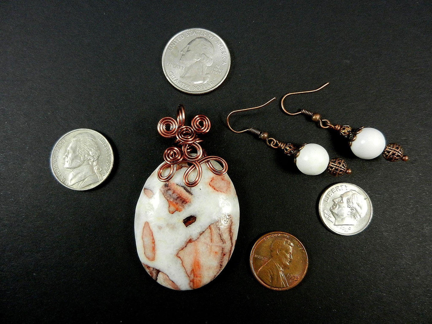 Jasper Gemstone Pendant Necklace Copper Wire Wrapped in the Colors of White Brown and Tan with Matching White Jasper Earrings
