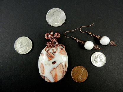 Jasper Gemstone Pendant Necklace Copper Wire Wrapped in the Colors of White Brown and Tan with Matching White Jasper Earrings