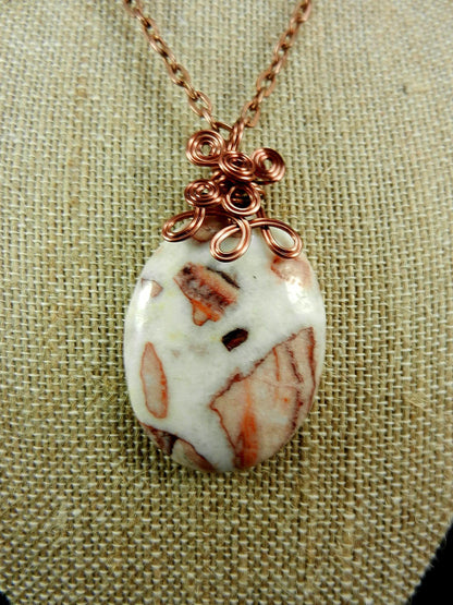 Jasper Gemstone Pendant Necklace Copper Wire Wrapped in the Colors of White Brown and Tan with Matching White Jasper Earrings