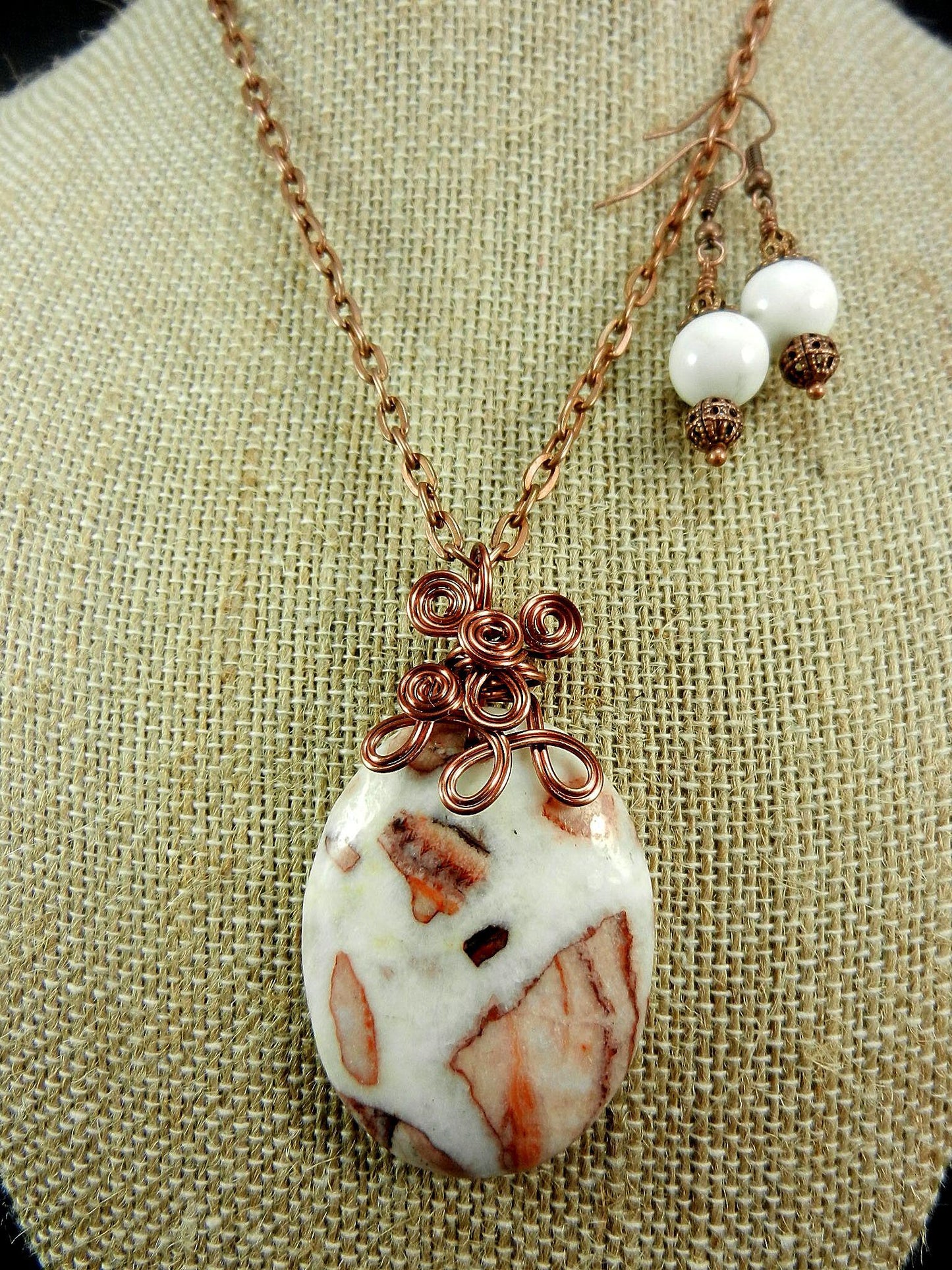 Jasper Gemstone Pendant Necklace Copper Wire Wrapped in the Colors of White Brown and Tan with Matching White Jasper Earrings