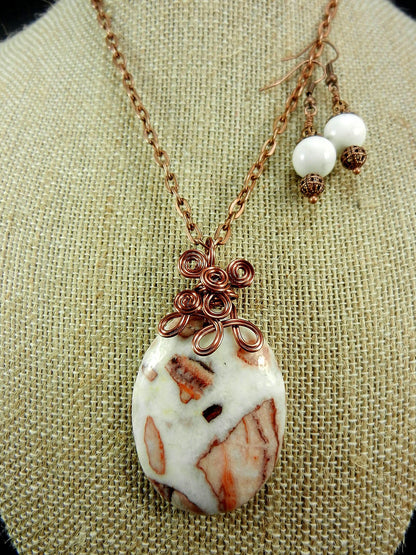 Jasper Gemstone Pendant Necklace Copper Wire Wrapped in the Colors of White Brown and Tan with Matching White Jasper Earrings