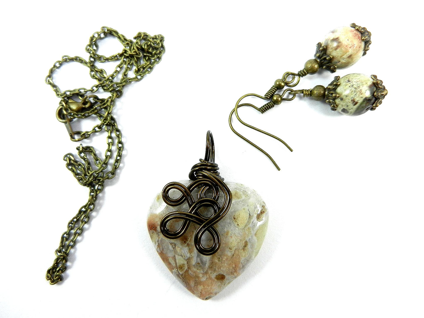 Bronze Wire Wrapped Cream Agate Gemstone Heart Pendant with Matching Jasper Earrings