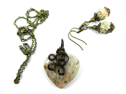 Bronze Wire Wrapped Cream Agate Gemstone Heart Pendant with Matching Jasper Earrings