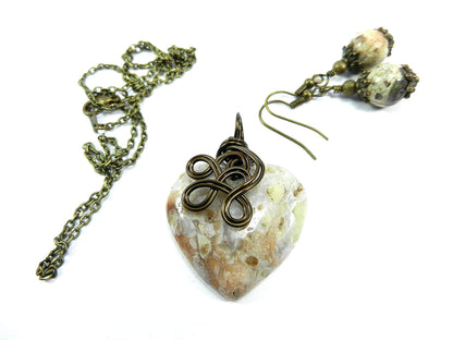 Bronze Wire Wrapped Cream Agate Gemstone Heart Pendant with Matching Jasper Earrings