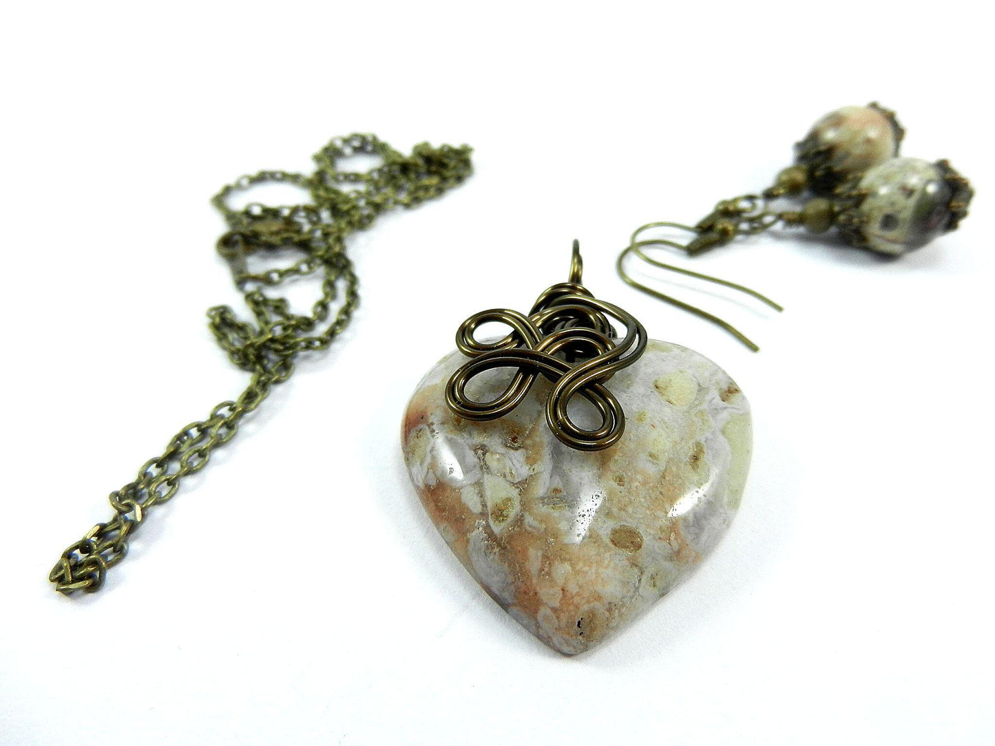 Bronze Wire Wrapped Cream Agate Gemstone Heart Pendant with Matching Jasper Earrings