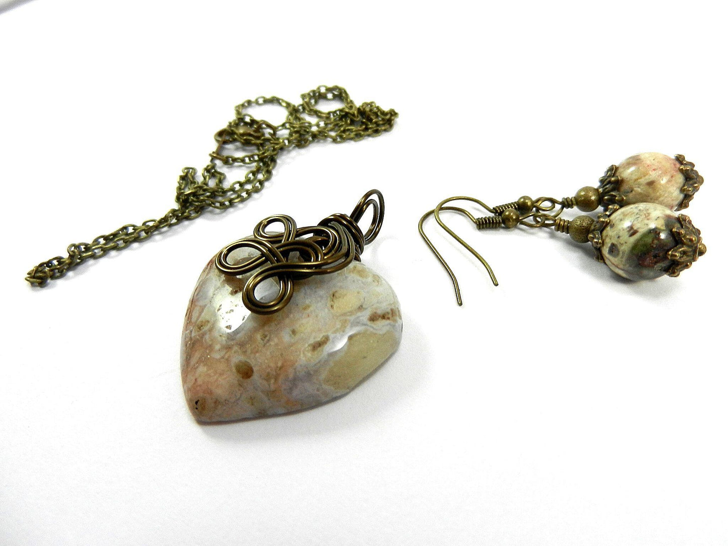 Bronze Wire Wrapped Cream Agate Gemstone Heart Pendant with Matching Jasper Earrings