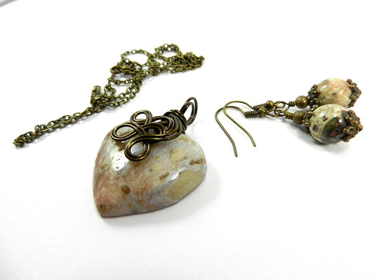 Bronze Wire Wrapped Cream Agate Gemstone Heart Pendant with Matching Jasper Earrings